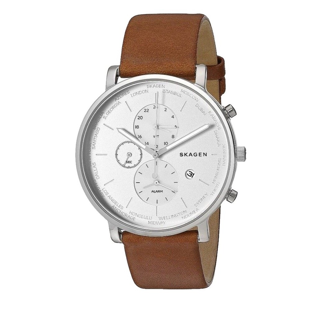Skagen SKW6299 Hagen Silver Dial World Time & Alarm Brown Leather Men’s Watch